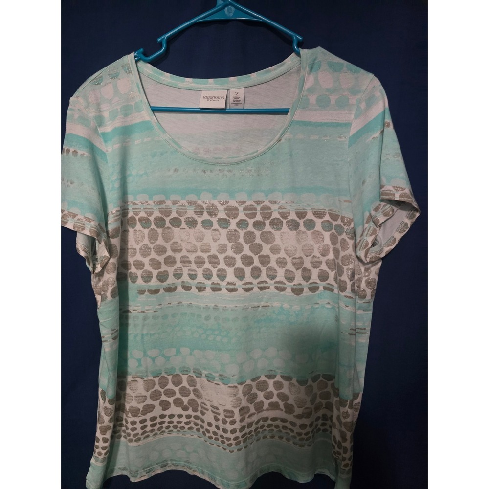 Weekends by Chicos Womens Aqua Blue Silver Foil Dot Stripe Scoop Neck Tee Size 2